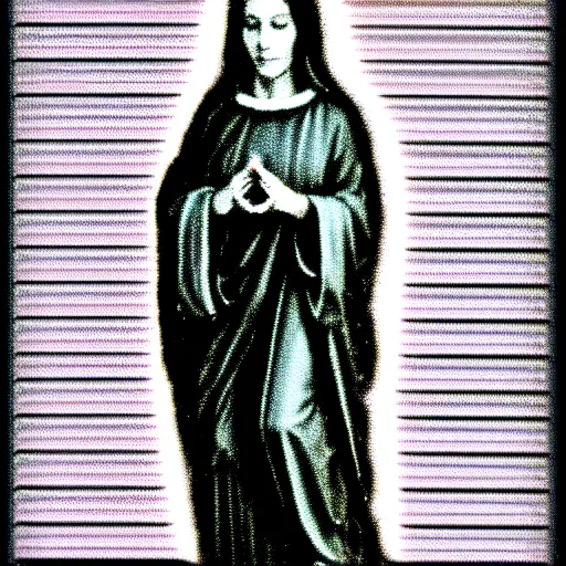 Image similar to vhs static overlay of marian apparition, vhs, 1 9 9 0, highly realistic, highly detailed, vhs noise static, black and white, vhs glitch