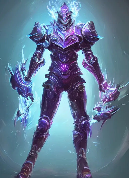 Image similar to a highly detailed illustration of futuristic cyber knight with flowing flaming plume with arm blades, rigid bulky armor, glowing purple line cracks in armor, dramatic standing pose, intricate, elegant, highly detailed, centered, digital painting, artstation, concept art, smooth, sharp focus, league of legends concept art, WLOP