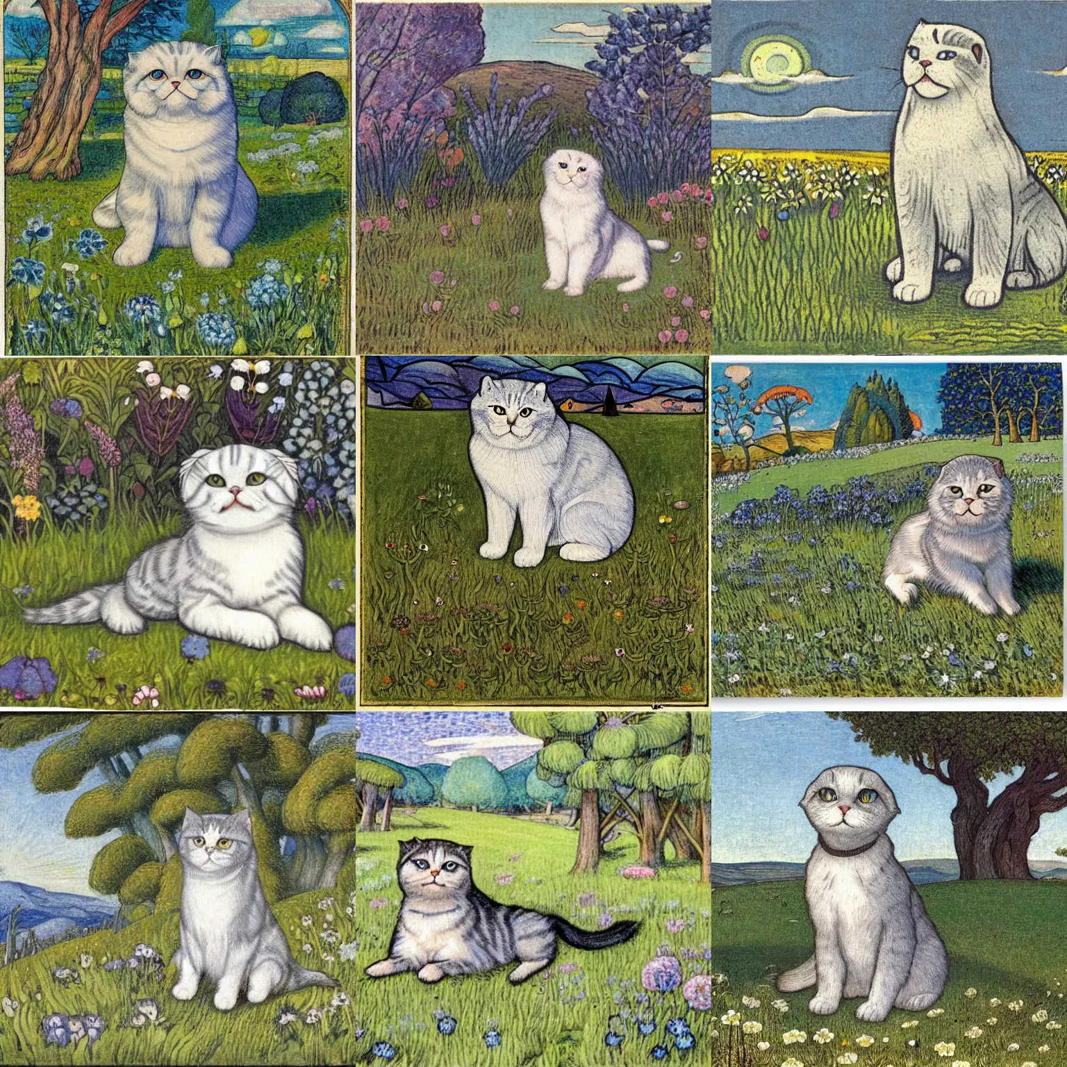 Prompt: a gray scottish fold sitting in the middle of sunny meadow, by ivan bilibin