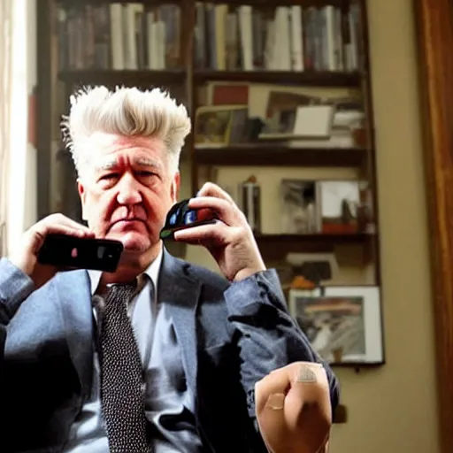 Image similar to David Lynch watching a movie on his phone