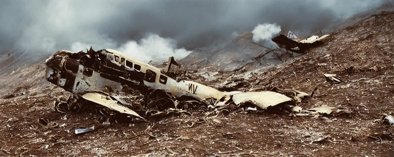Image similar to panoramic of a world war 2 plane crashing into a spaghetti mountainside, cloudy, small details, intricate, canon 5 0 mm, high detail, intricate, cinematic lighting, photography, wes anderson, film, kodachrome