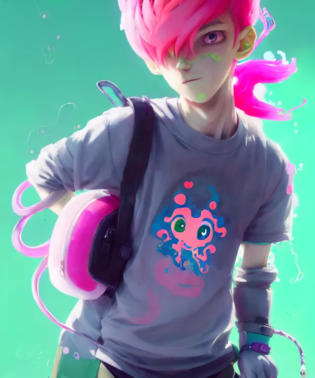 Image similar to a beautiful fullbody portrait of a cute splatoon anime boy with pink hair and green eyes wearing sports clothing leggings. character design by cory loftis, fenghua zhong, ryohei hase, ismail inceoglu and ruan jia. artstation, volumetric light, detailed, photorealistic, fantasy, rendered in octane