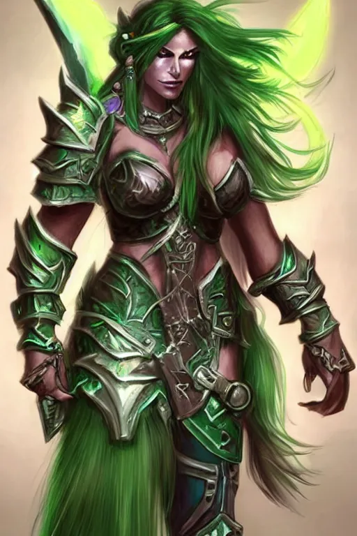 Prompt: world of warcraft concept art, barbarian warrior woman, green hair, heavy silver armor, with amethysts gemstone details