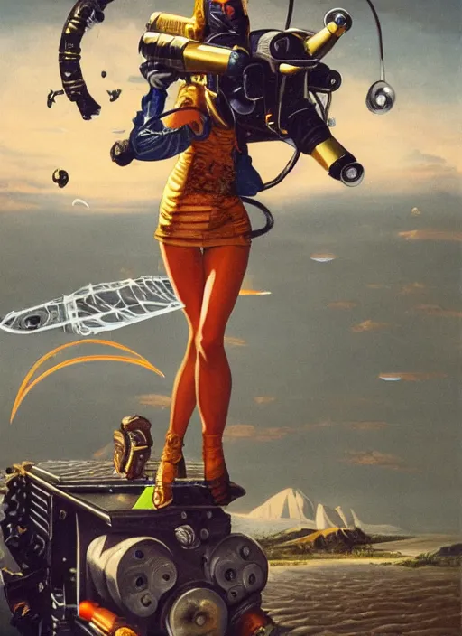 Image similar to a Raypunk painting of a woman holding a raygun, UFOs in the background, life like, intricate detail, 4K HD