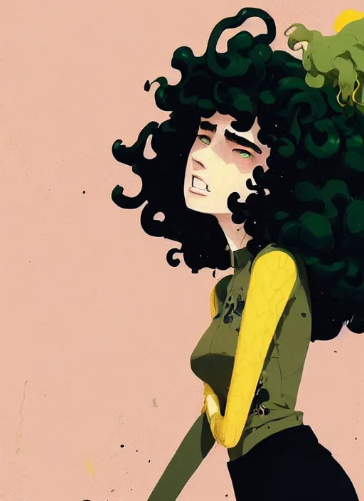 Prompt: highly detailed closeup portrait of nice curly green shades hair teen girl, curly hair, black and yellow suit by atey ghailan, by greg rutkowski, by greg tocchini, by james gilleard, by joe fenton, by kaethe butcher, gradient orange, black and white color scheme, grunge aesthetic!!! ( ( graffiti tag wall background ) )