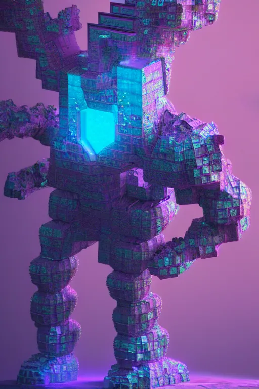 Prompt: concept art of totally fractal bismuth golem, consists of bismuth fractalization, extremely high details, masterpiece, photorealistic, hyperrealism, vray, octane render, volumetric lighting, depth of field, bokeh, artstation, cgsociety by johannen voss, greg broadmore