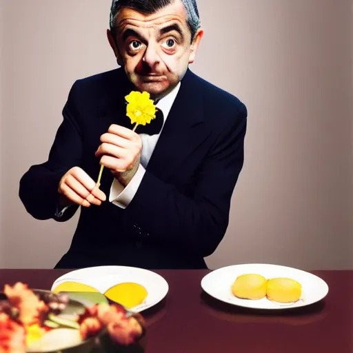 Image similar to photo of rowan atkinson eating a flower, highly detailed, extremely high quality, hd, 4 k, 8 k, professional photographer, 4 0 mp, lifelike, top - rated, award winning, realistic, detailed lighting, detailed shadows, sharp, no blur, edited, corrected, trending