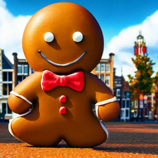 Image similar to a gingerbread man running around amsterdam, smoking weed, 3 d octane render, highly detailed, masterpiece, studio ghibli, amazing composition, hdr, gingerbread man is cute chibi,