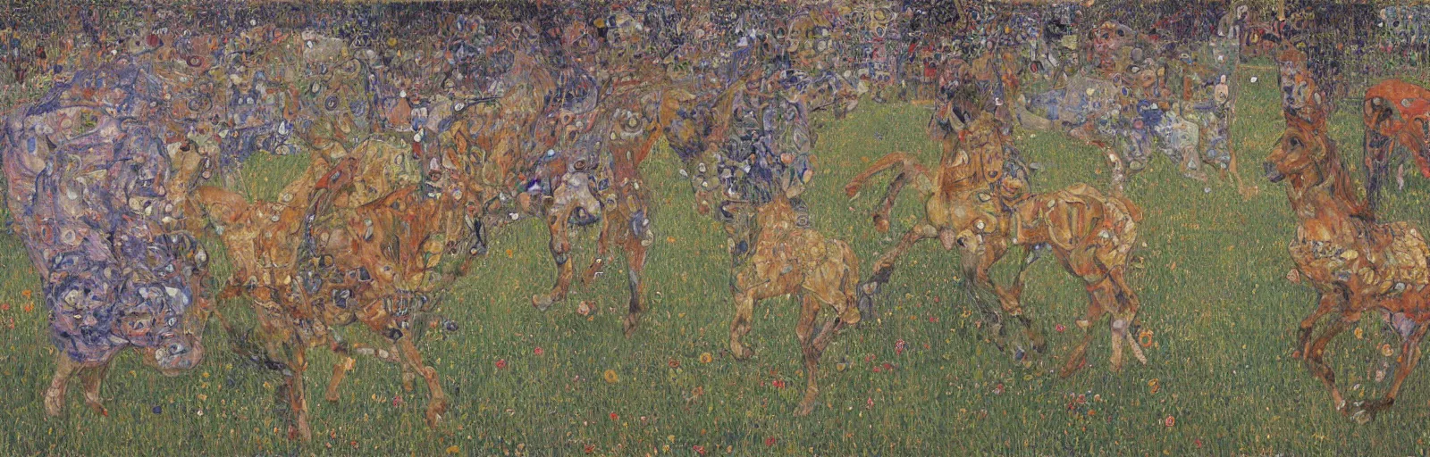 Image similar to lots of horses running through the field, hyper realistic, more details, they might be crawling, original oil on canvas painting by gustav klimt