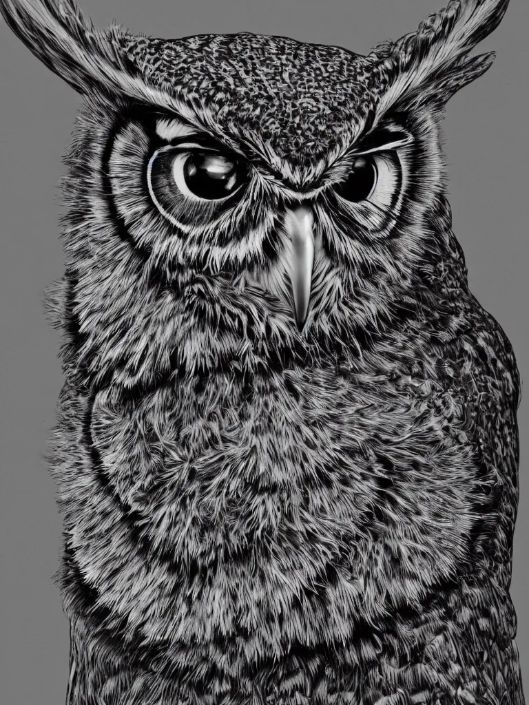 Prompt: beautiful hyperrealist highly detailed cinematic lighting studio portrait of a great horned owl, symmetrical full body, high contrast wood engraving, moebius and charles burns comic style, shocking detail trending on artstation 8 k