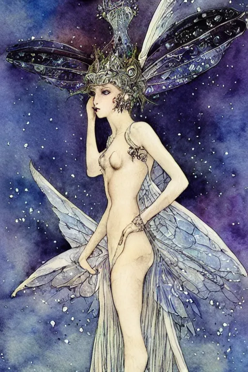 Image similar to fairy princess with a bat wing crown, night sky background, art by luis royo and walter crane and kay nielsen, watercolor illustration,