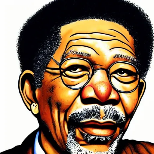 Image similar to a portrait illustration of Morgan Freeman drawn by ROBERT CRUMB