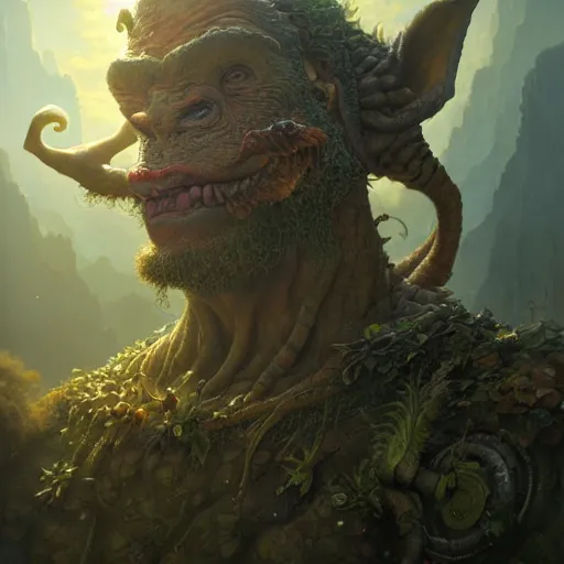 Image similar to a hyperrealistic illustration of a mix of an oger and giant and goblin, 8 k ultra realistic creature, detailed intricate, with fractal sunlight, award - winning, masterpiece, in the style of tom bagshaw, cedric peyravernay, peter mohrbacher