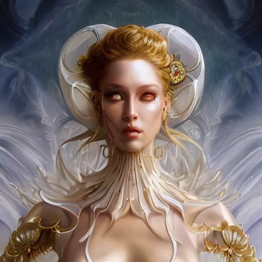 Prompt: a beautiful woman wearing a white dress made of silk with golden ornaments and diamonds jewelry by alex gray and android jones , Karol Bak, Ayami Kojima, Amano , concept art, character design, fantasy,3D, 8k resolution