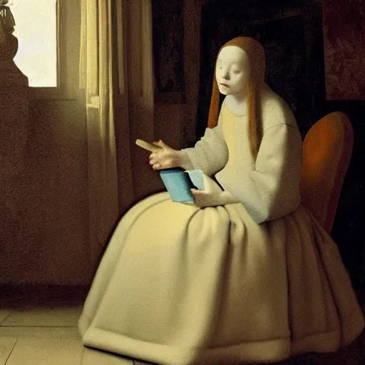 Prompt: a painting of Elle Fanning at a seance surrounded by ghosts, by Johannes Vermeer