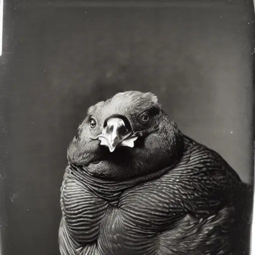 Image similar to Tintype photograph of chonky black chicken as an overweight subject. 1990s studio lighting.