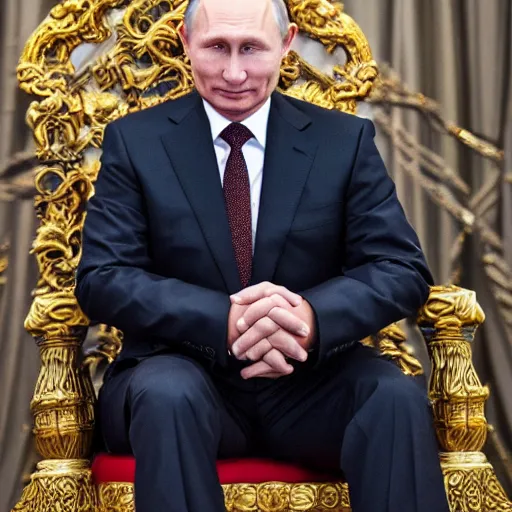 Image similar to A photo of vladimir putin the barbarian sitting on his throne, award winning photography, sigma 85mm Lens F/1.4, perfect faces