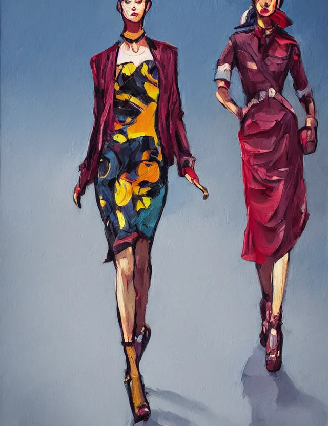 Prompt: runway fashion. this heavily stylized oil painting by the award - winning comic artist has interesting color contrasts, plenty of details and impeccable lighting.