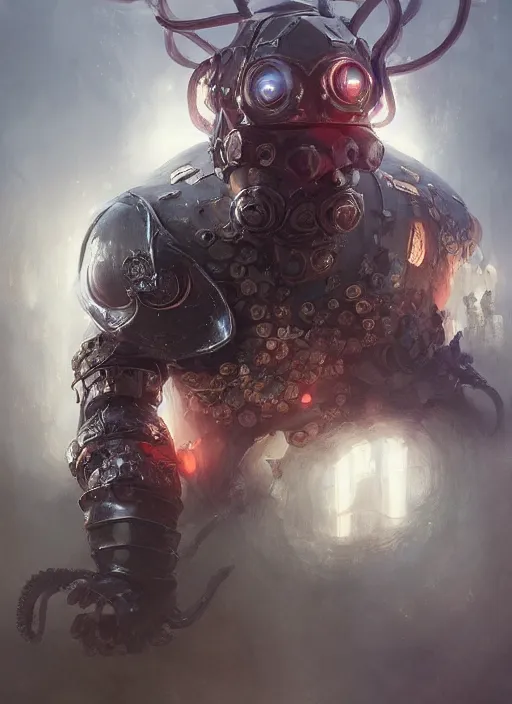 Prompt: An octopus wearing medieval knights armor, cyberpunk, neon, intricate, elegant, digital painting, concept art, smooth, sharp focus, illustration, by Ruan Jia and Mandy Jurgens and Artgerm and William-Adolphe Bouguerea