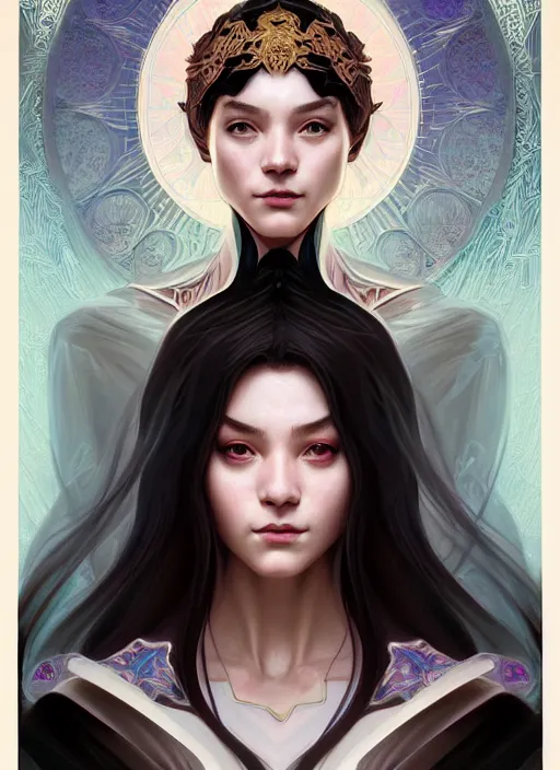 Image similar to symmetry!! portrait of a female sorcerer, dar fantasy, intricate, elegant, highly detailed, my rendition, digital painting, artstation, concept art, smooth, sharp focus, illustration, art by artgerm and greg rutkowski and alphonse mucha and huang guangjian and android jones and sachin teng