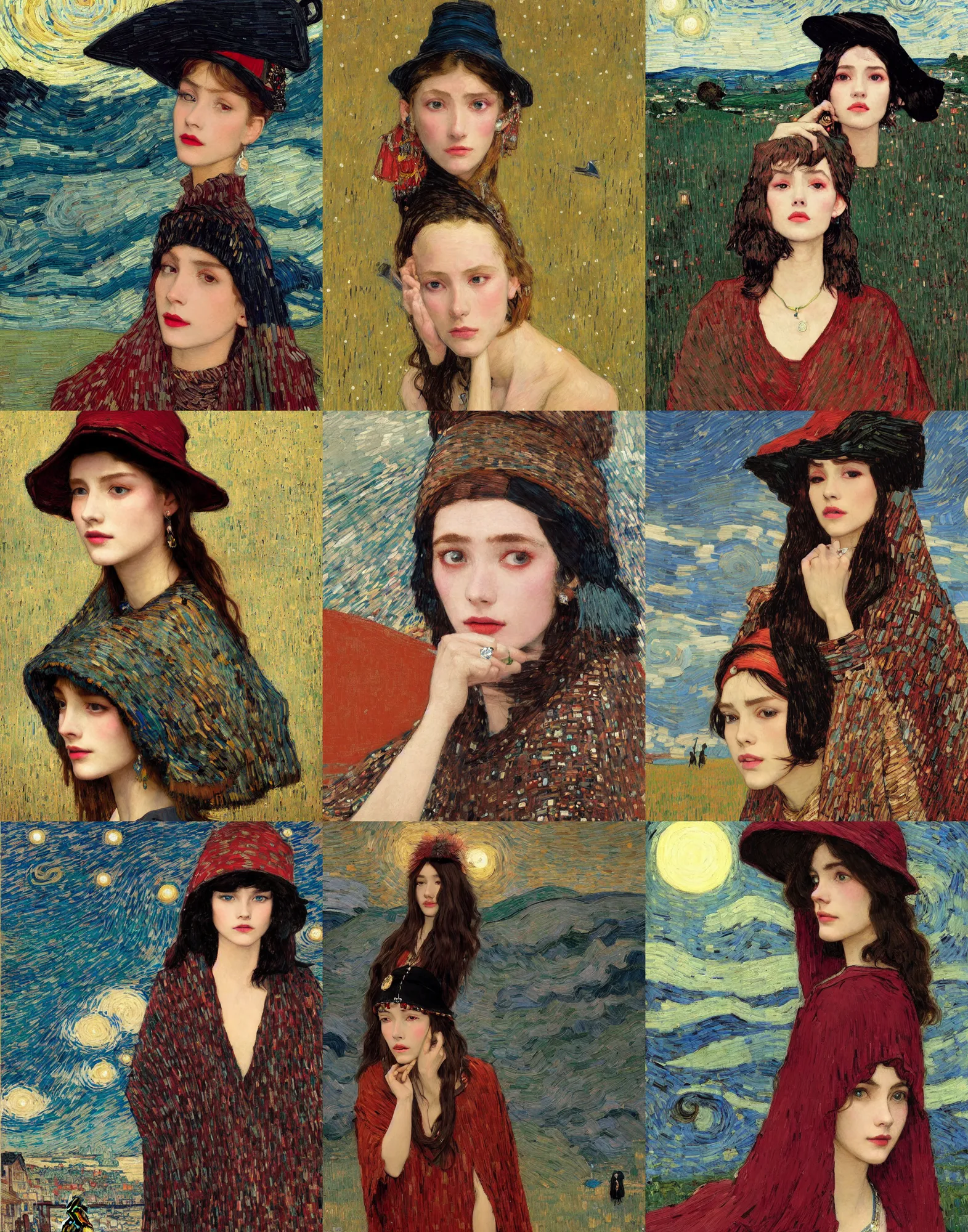 Prompt: portrait of fashionable young woman wearing rich jewerly hat and boho poncho at night, red light, dark make up on her face, sitting dynamic pose, Low poly, thunder clouds in the sky, artwork by john william waterhouse and Denis Sarazhin and klimt and studio ghibli background and van gogh and Dean Ellis and Detmold Charles Maurice, levitation, industrial rusty pipes, simple form, brutal shapes