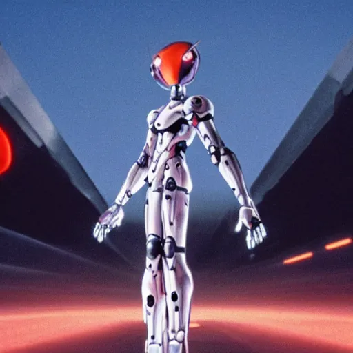 Image similar to movie still of a cyborg evangelion, cinematic composition, cinematic light, warm lighting criterion collection, by edgar wright