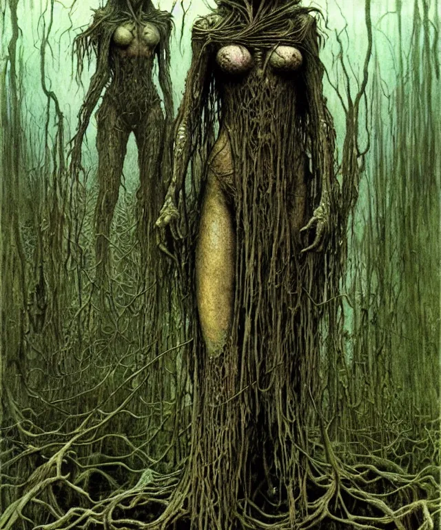 Image similar to a detailed mantiswoman stands among the swamps. wearing a ripped mantle, robe. perfect faces, extremely high details, realistic, fantasy art, solo, masterpiece, art by zdzislaw beksinski, arthur rackham, dariusz zawadzki