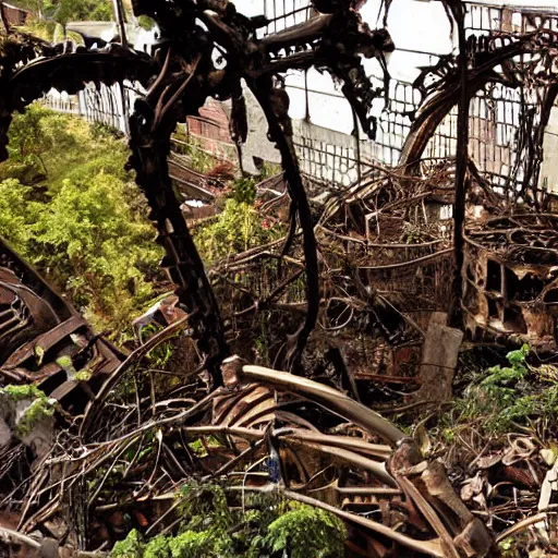 Prompt: a biomechanical rusty skeleton sticking out of a pile of rubble, cybertronic, overgrown with vines, beams of sunlight