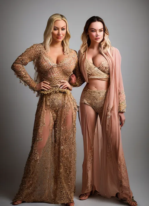 Image similar to portrait of lindsey pelas and daisy ridley wearing kebaya, by charlotte grimm, natural light, detailed face, beautiful features, symmetrical, canon eos c 3 0 0, ƒ 1. 8, 3 5 mm, 8 k, medium - format print,