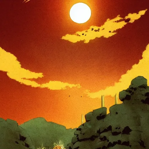 Image similar to desert scene, red sun, fantasy art, illustration, animated film, by studio ghibli