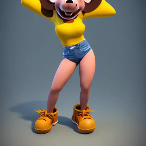 Image similar to 3 d render, portrait, upper body shot, mid shot, anthropomorphic mouse, female, wearing denim short shorts and a off yellow tank top shirt, in the style of rescue rangers