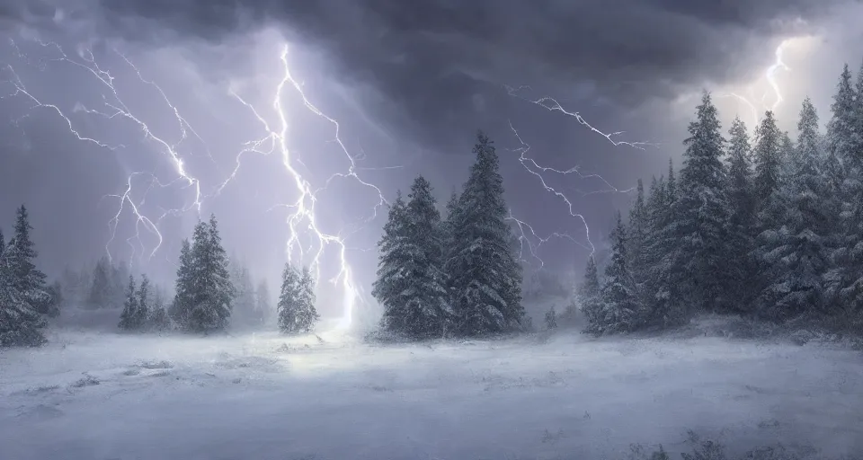 Image similar to heaven!! angels!! god rays, snowy, windy, by eugene von guerard, ivan shishkin, night, lightning!!, storm!, dramatic lighting, concept art, trending on artstation, 8 k