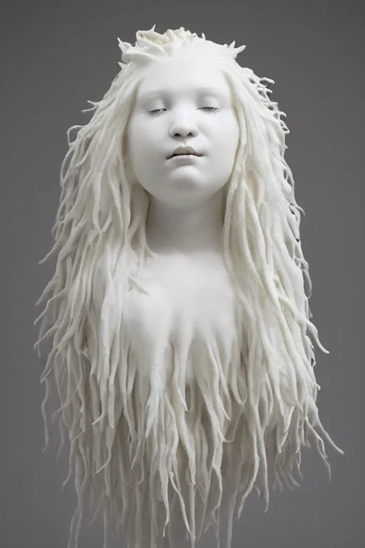 Image similar to full head and shoulders, beautiful female porcelain sculpture by daniel arsham and raoul marks, smooth, large hair is solid gold, all face features are white, on a white background, delicate facial features, white eyes, white lashes, detailed white, lots of 3 d giant axolotls on the head