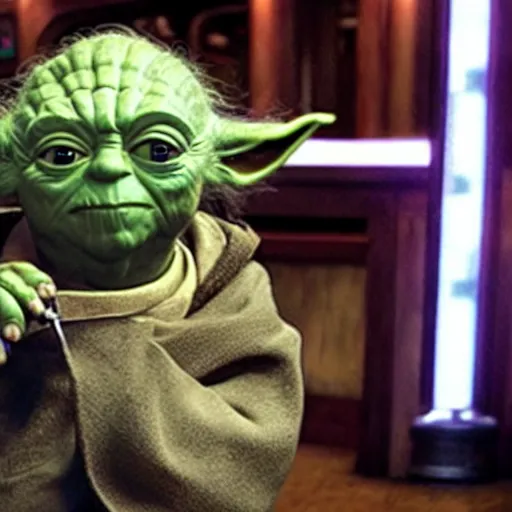 Image similar to film still of yoda drinking beer in a bar in the new star wars movie 4 k