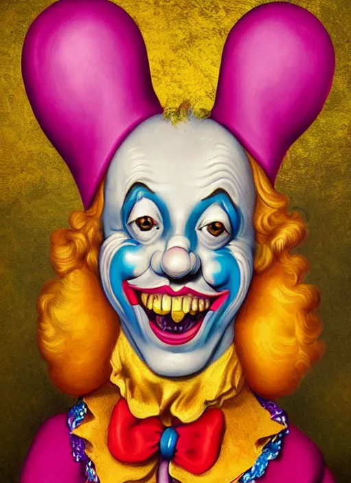 Prompt: baroque rococo painting Royal Fancy Jester clown male Hildebrandt Lisa Frank high detail cute adorable whimsical up close clown jester face paint