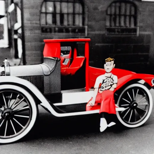 Prompt: closeup of Archie Andrews driving a red Ford Model T