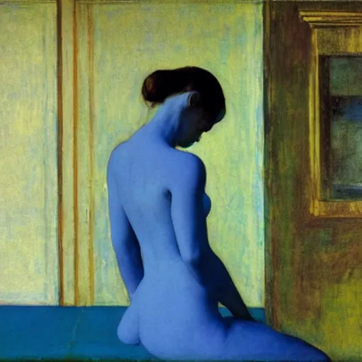 Image similar to close up of a beautiful girl in a blue and gold haunted liminal abandoned room, film still by edward hopper, by Pontormo, by klimt, art noveau, highly detailed, strong lights, liminal, eerie, Bright pastel colors