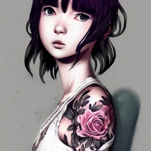 Image similar to tattooed little girl wearing an white dress. art by ilya kuvshinov, profile picture, inspired by hirohiko araki, highly detailed, 8 0 s anime art style, realistic, vogue cover