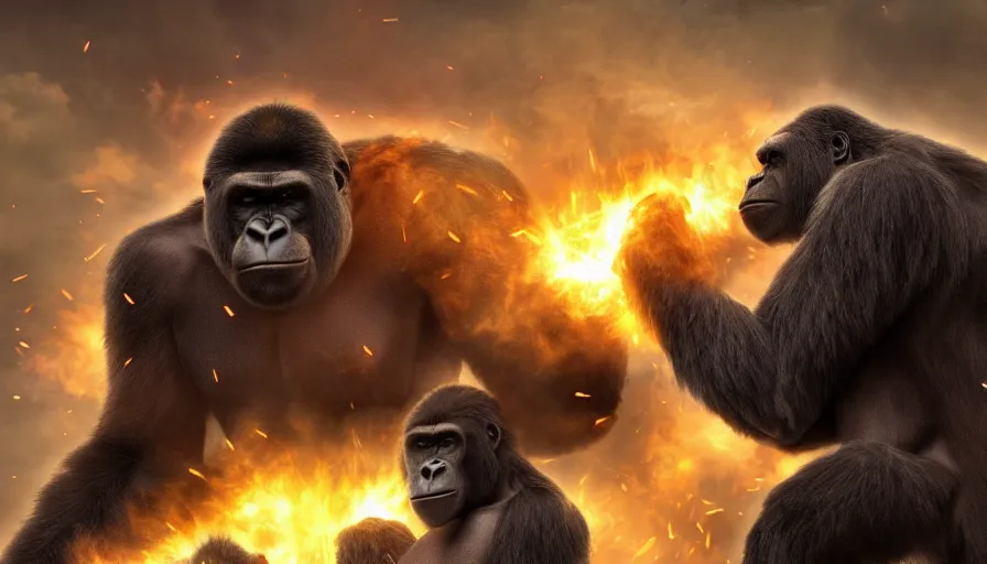 Image similar to epic concept art of hard fighting of two huge raging gorilla in burning tokyo city, cinematic composition, golden lighting, strong perspective