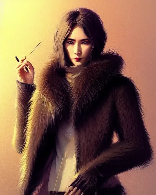 Image similar to fur - lined dragonhide jacket!!! beautiful and elegant female!! gorgeous ayes!! golden face ratio! character concept art, sharp focus, illustration, artgerm!! greg rutkowski! wlop!! ilya kuvshinov!! charlie bowater! octane render! unreal engine 5! highly rendered!! trending on artstation!!