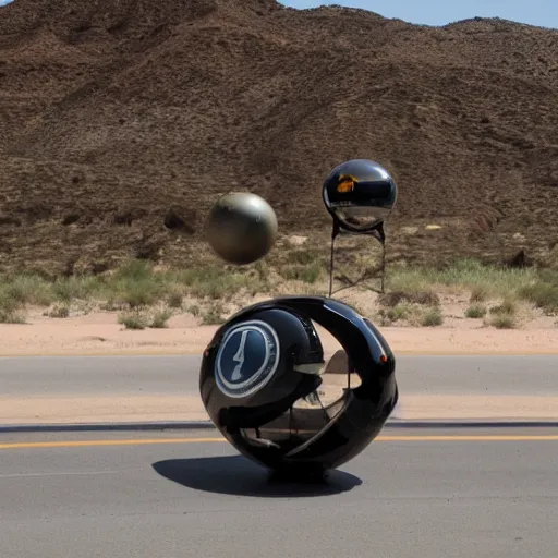 Image similar to a ball shaped motorcycle on route66 3d 8k photo