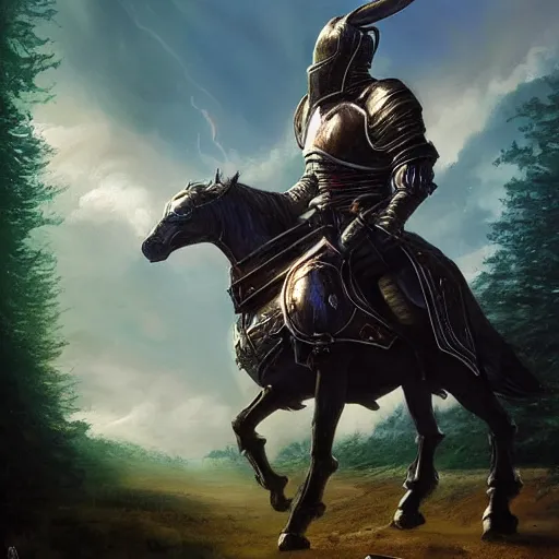 Prompt: knight mounted in a horser, wielding a greatsword of fire with electricity element, standing in frontal of a castle, castle realistic, big forest world fantasy hyperrealism, armor lightnings elemental hyperrealism, sky northern lights, hyperrealism by greg rutkowski hyperrealism
