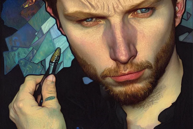 Image similar to hyper realistic portrait of thom thom thom thom singer songwriter, by lee bermejo, alphonse mucha and greg rutkowski