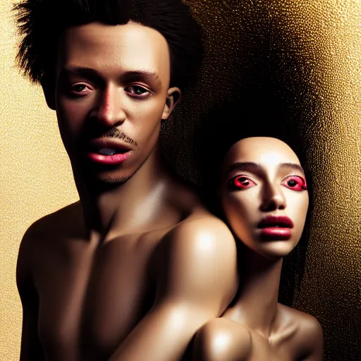 Image similar to young promiscuous couple in love, octane render, by wangechi mutu, unreal engine, by george condo, by george condo fx, cinematic, dramatic, photography, portrait, ray tracing reflections, ray traced, post processing, post - production, tone mapping, cgi, vfx