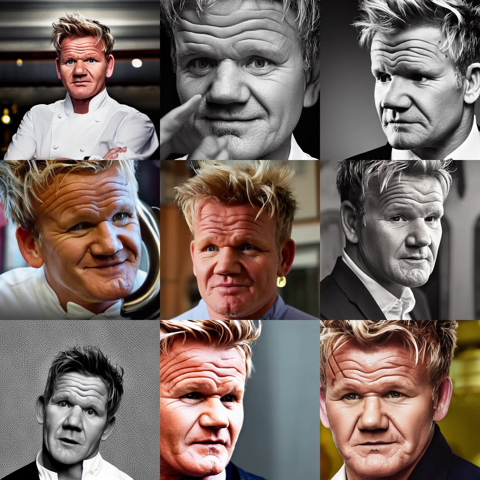 Prompt: Gordon Ramsay with the face of Queen Elizabeth, portrait photography, depth of field, bokeh