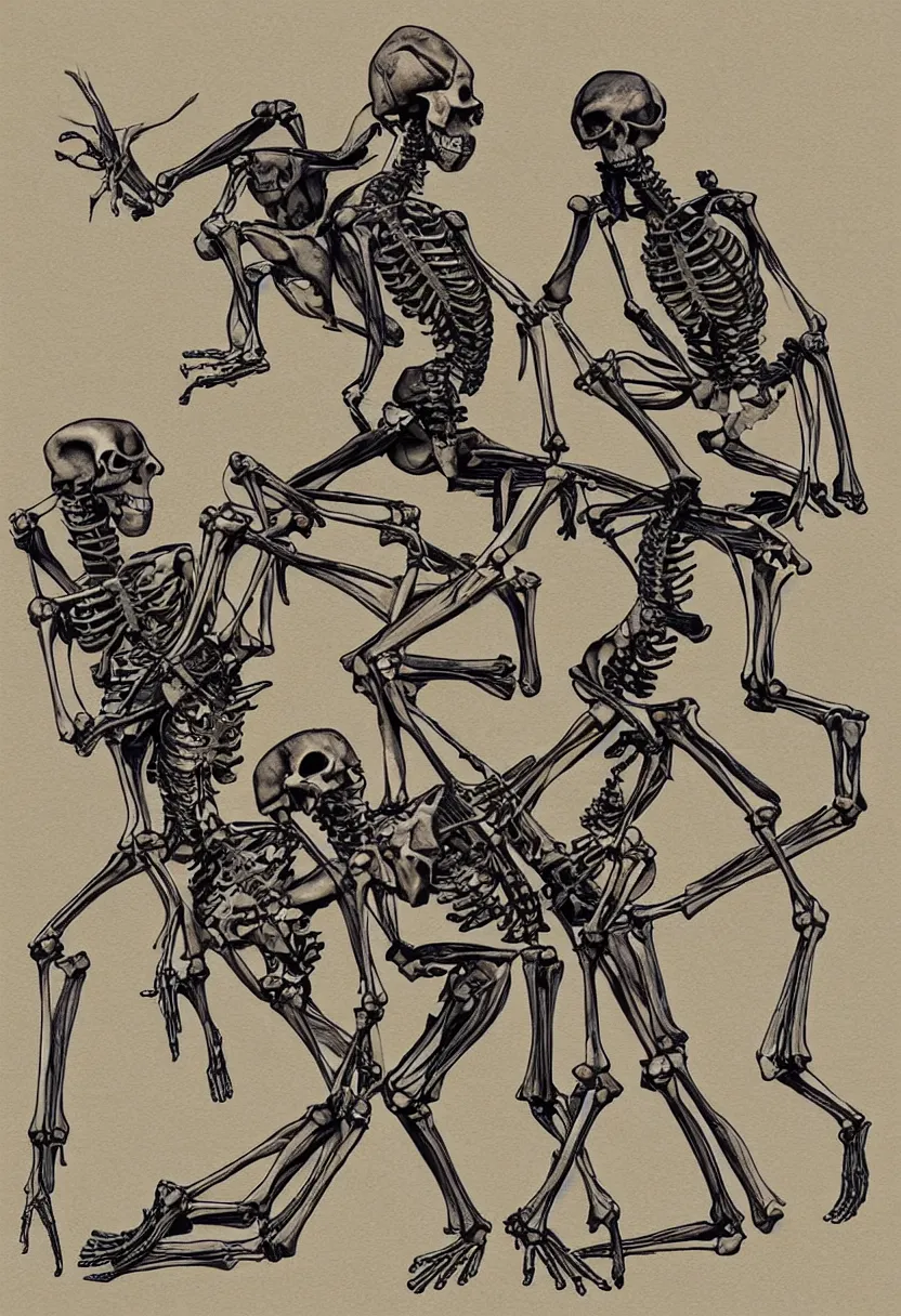 Image similar to human and kangaroo skeletons fighting, t-shirt design