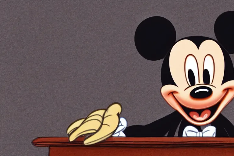 Image similar to detailed background courtroom sketch of vintage disney character mickey mouse presenting evidence of copyright infringement to the judge bench court room wooden serious dark tone