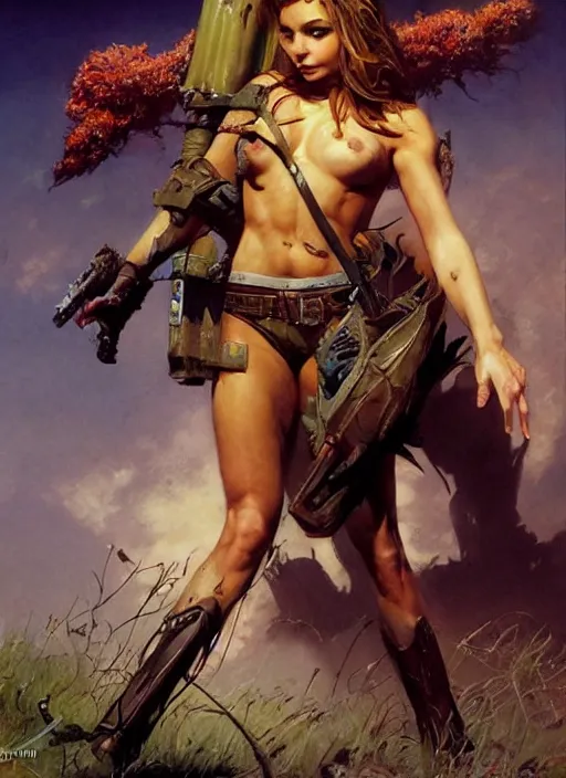 Image similar to hyper realistic hunter girl, full body, human proportion, rule of thirds, conceptart, saturated colors, cinematic, vallejo, frazetta, royo, rowena morrill, juan gimenez