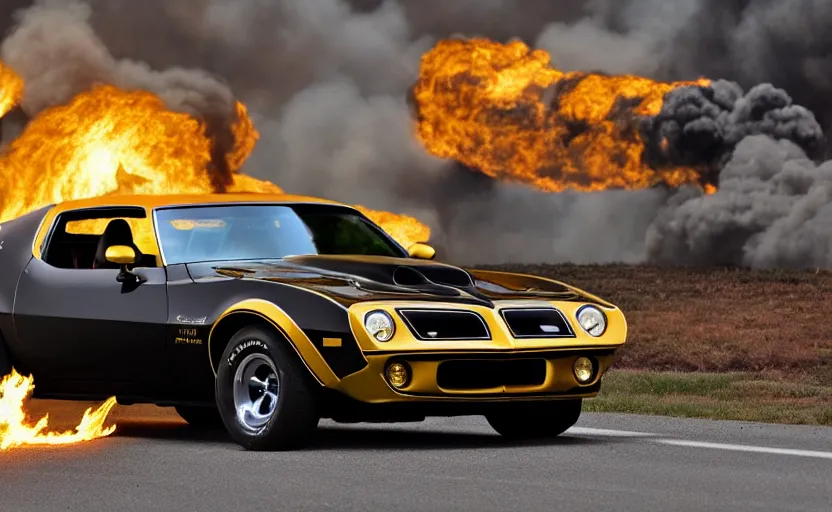 Image similar to a black and gold 1 9 7 3 pontiac firebird trans am sd - 4 5 5 driving high speed, fire explosion in the background, action scen. realistic. high resolution. dramatic