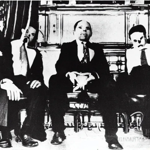Image similar to Satanic States of America, alternate history, 1930s Chicago gangster, Al Capone, goth Al Capone, occult, 1930s photograph, mafia, Satanic symbols in the background, Great Depression
